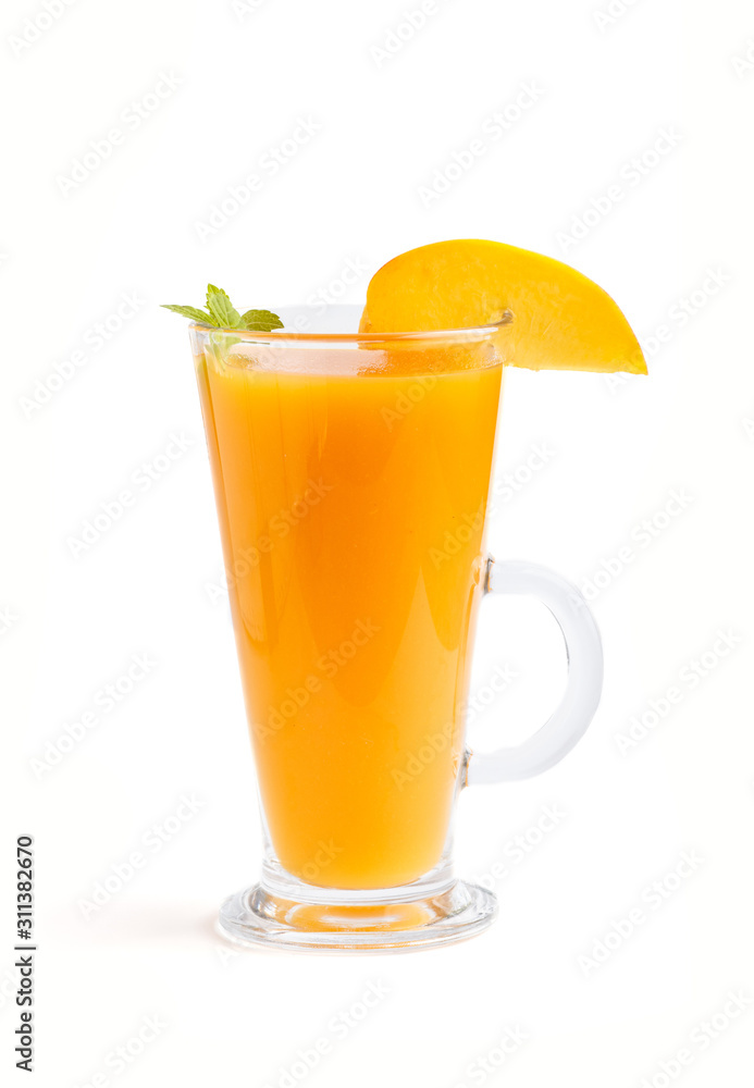 Glass of peach juice isolated on white background. Side view Glass of peach juice isolated on white background. Side view