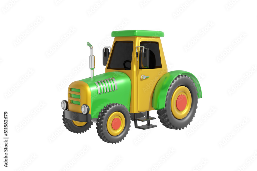 Tractor with wheels cartoon style realistic design green, yellow color. Kids toy isolated white background. Minimalistic transport concept. 3D rendering. Tractor with wheels cartoon style realistic design green, yellow color. Kids toy isolated white background. Minimalistic transport concept. 3D rendering.
