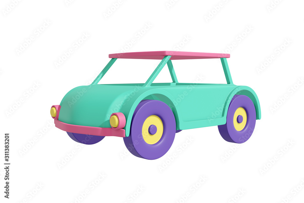 Passenger car cartoon style realistic design pastel green, coral, yellow, purple color. Kids toy isolated white background. Minimalistic transport concept. 3D rendering.