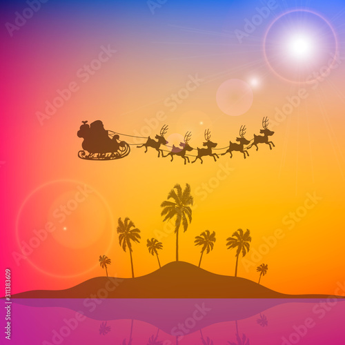 Santa claus flying over an island with palm trees  vector art illustration.