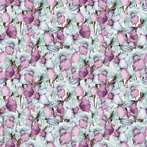Beautiful narcissus flowers in seamless floral pattern. Pastel colored spring...