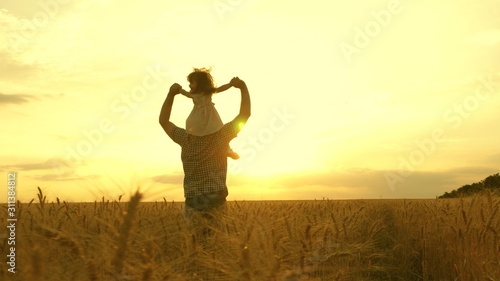 happy child and father are playing in field of ripening wheat. little daughter on fathers shoulders. baby boy and dad travel on field. kid and parent play in nature. happy family and childhood concept © zoteva87