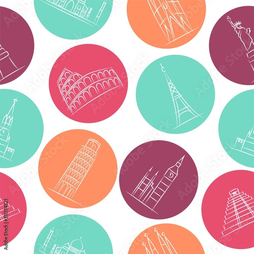 Travel icon texture. World attractions pattern. Hand drawn graphic.
