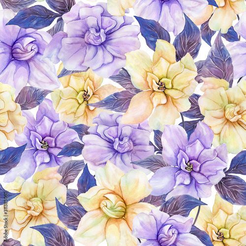 Beautiful gardenia flowers with leaves in seamless floral pattern. Pastel col...