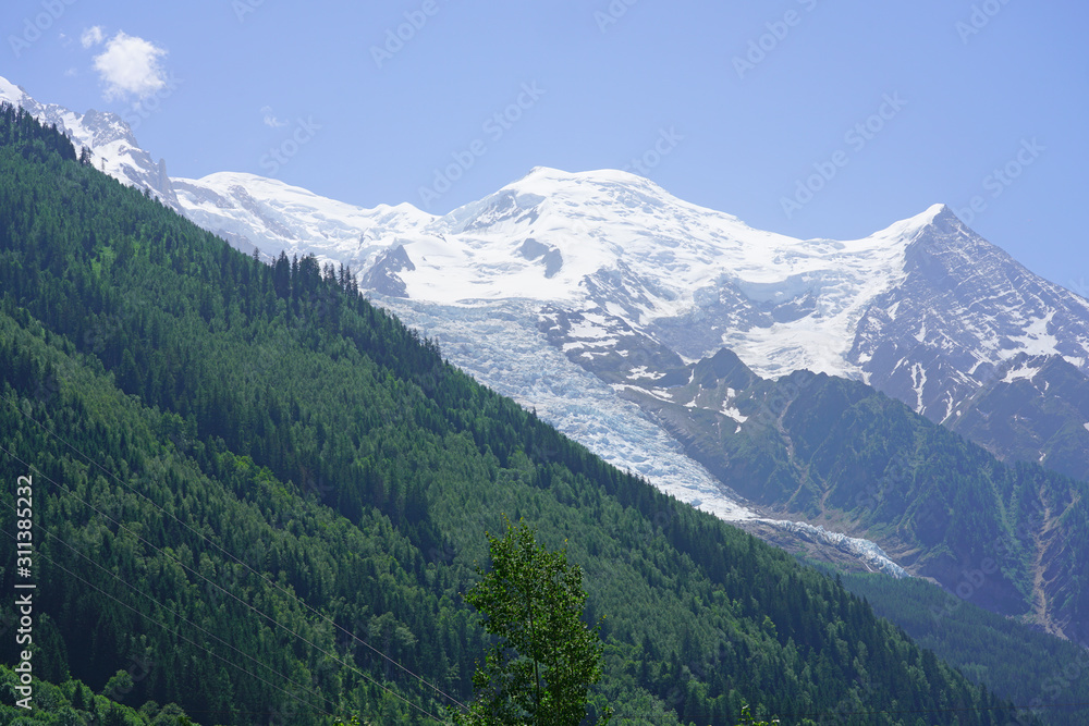Summer landscape view of mountains and glaciers the Massif du Mont Blanc near Chamonix, France Summer landscape view of mountains and glaciers the Massif du Mont Blanc near Chamonix, France