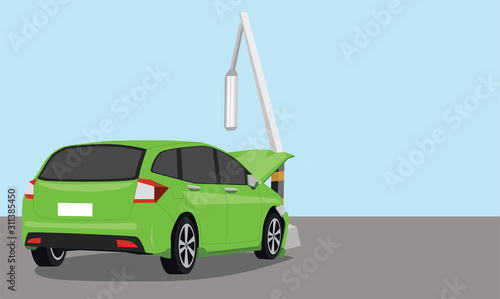 Damage Car crash pole light accident cannot drive. The front is severely damaged. The equipment is broken. View from rear side.