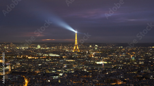 Aerial panoramic view of a Paris, night city, France.