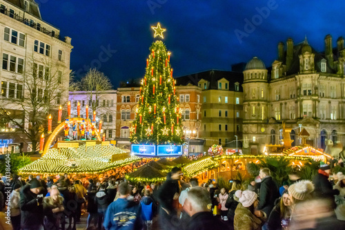 Christmas market in Birmingham city centre during night