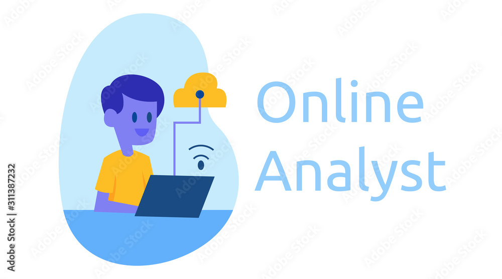 online clip art analyst, an internet network analyzer. landing page with illustrated characters. vector