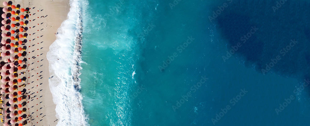 Aerial drone ultra wide panoramic photo of tropical exotic seascape in Indian ocean island with turquoise beautiful sea