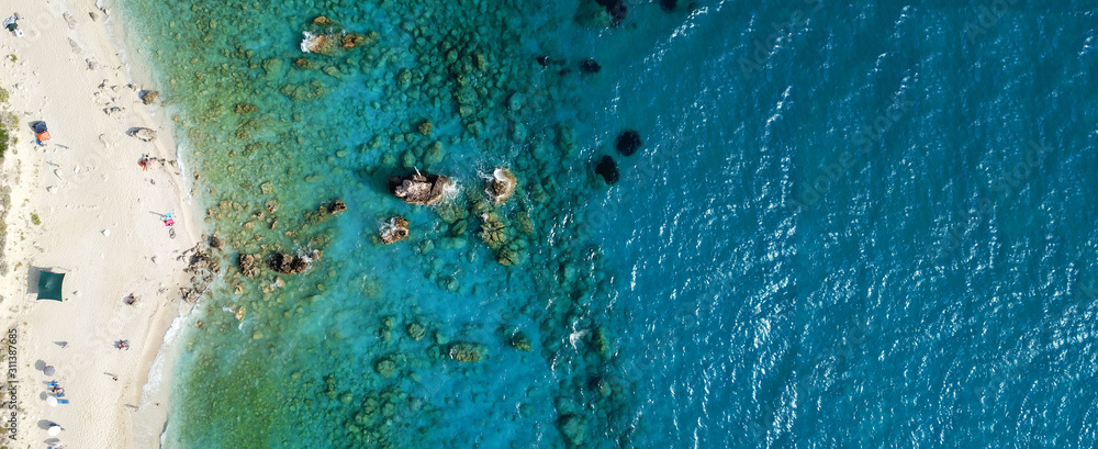 Aerial drone ultra wide panoramic photo of tropical exotic seascape in Indian ocean island with turquoise beautiful sea