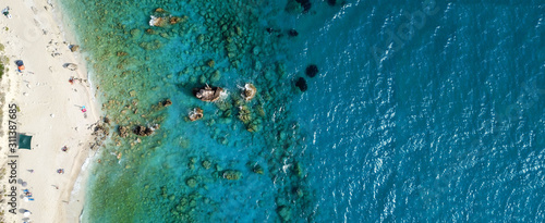 Aerial drone ultra wide panoramic photo of tropical exotic seascape in Indian ocean island with turquoise beautiful sea