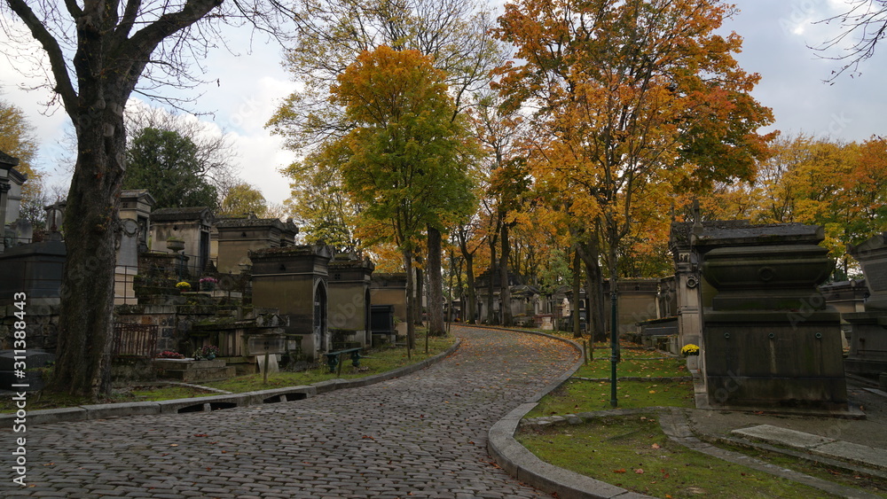 Graves and crypts in the Pere Lachaise Cemetery in Paris, France.