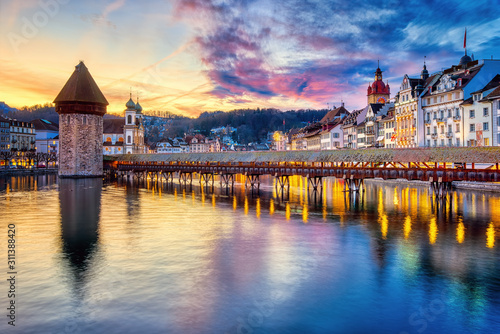 Dramatic sunset in Lucerne Old town, Switzerland