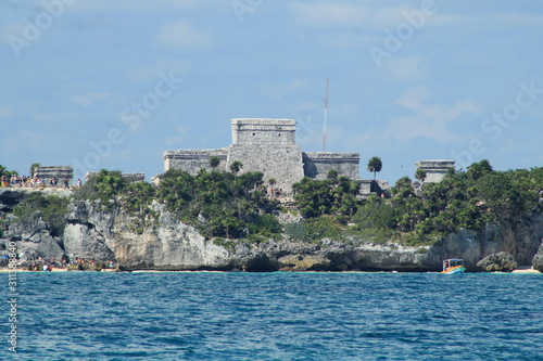 View to Tulum ruins from ocean side in Mexican Caribbean