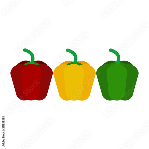 red, yellow and green bell pepper on white background