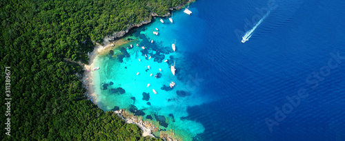 Fotografie, Tablou Aerial drone ultra wide panoramic photo of tropical exotic seascape in Mediterra