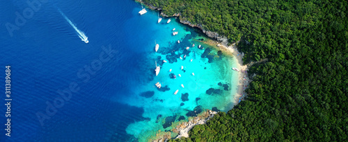 Fototapeta Naklejka Na Ścianę i Meble -  Aerial drone photo of tropical exotic destination island in Thailand with deep blue turquoise sea and beautiful landscape