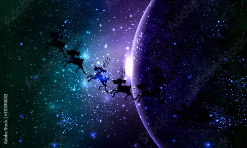 Santa Claus on the background of the space planet, vector art illustration.
