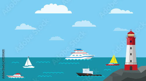 Seascape with ships and a lighthouse on a hill. Vector illustration of the sea with ships and a lighthouse.