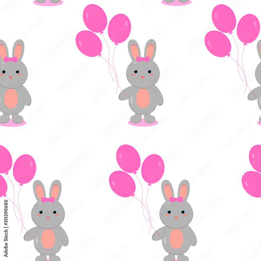 Obraz premium This is seamless pattern texture of rabbit and balloons on white background. Vector illustration in flat style. Easter bunny.