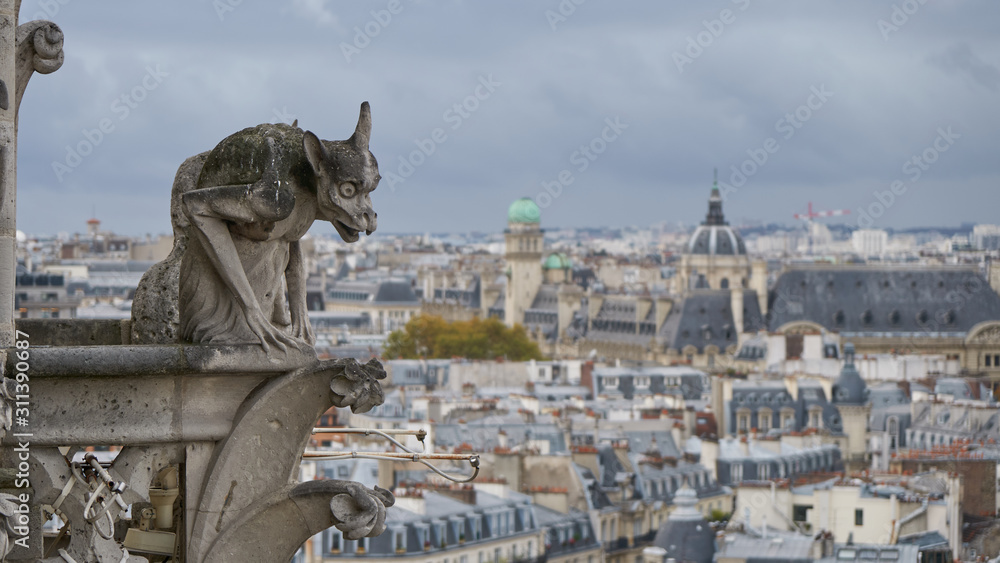 Stone gargoyle on roof of the Notre Dame Cathedral in Paris, France.