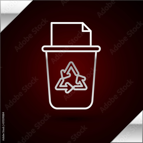 Silver line Recycle bin with recycle symbol icon isolated on dark red background. Trash can icon. Garbage bin sign. Recycle basket sign. Vector Illustration
