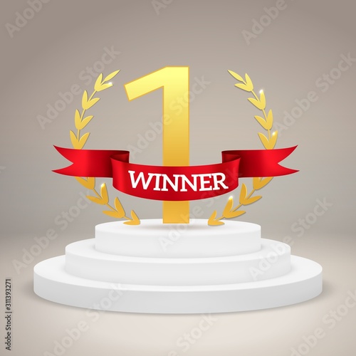Winner award on victory pedestal. 1st place best trophy stands on championship podium vector poster