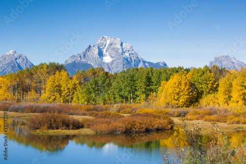 Snow Capped mountain with fall folage photo