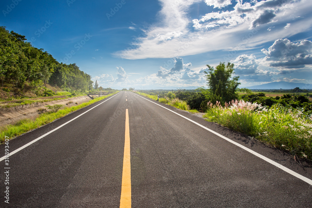 Naklejka premium Asphalt road through the green field and clouds on blue sky in summer day. Beautiful grassland road in Thailand.Highland road.