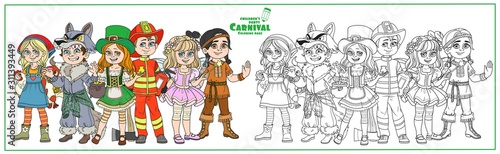 Children in carnival costumes farmer girl, werewolf, native american, leprechaun, fairy, fireman characters color and outlined for coloring page