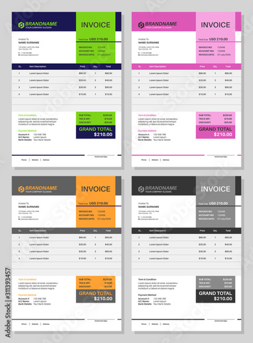 Invoice template. Receipt bill total budget commerce calculation  work sales order. Finance record accounting business forms vector set