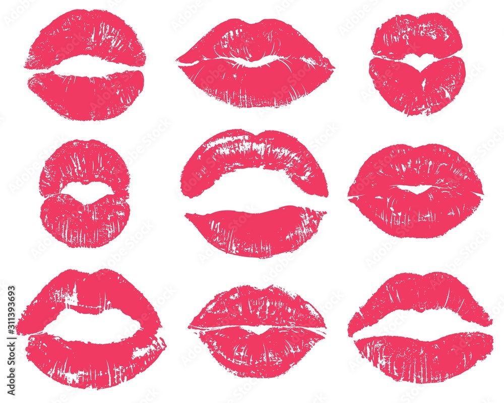 Fototapeta Lipstick kiss. Sexy woman red lips print. Female mouth makeup silhouettes, love smooches romantic valentines isolated vector set