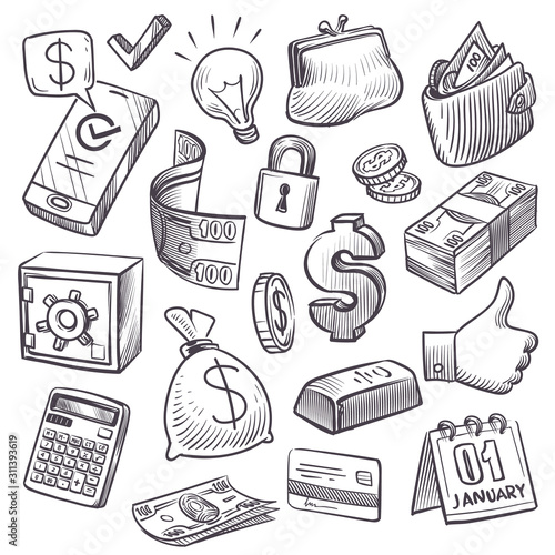 Money and finance sketch. Gold bars, treasure chest and bank safe, dollars sack and falling coins, bills and wallet hand drawn icons vector set