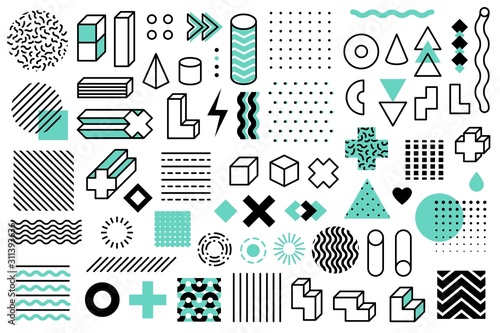 Geometric shapes. Graphic universal memphis style symbols. Lines circle, grid and points, triangle and cubes design elements vector set photo