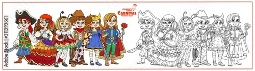 Children in carnival costumes pirate, fortune teller, prince, starry night, cowboy and ladybug characters color and outlined for coloring page