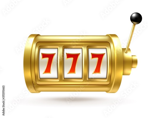 Slot machine. Lucky sevens jackpot, winning number bingo fortune, spinning reel and handle. One-armed bandit gambling casino vector concept