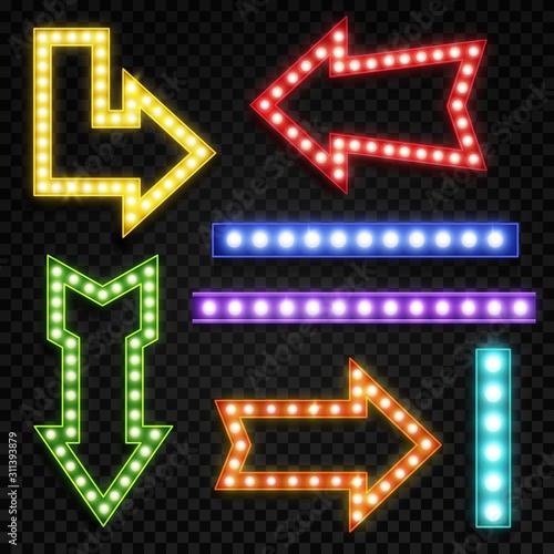 Arrows with bulb lamps. Retro signpost with blue, red and yellow light bulbs for theater billboard, circus and casino neon frame vector design