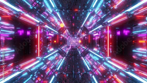 futuristic scifi tunnel corridor with glowing flying spheres particles 3d illustration background wallpaper graphic design