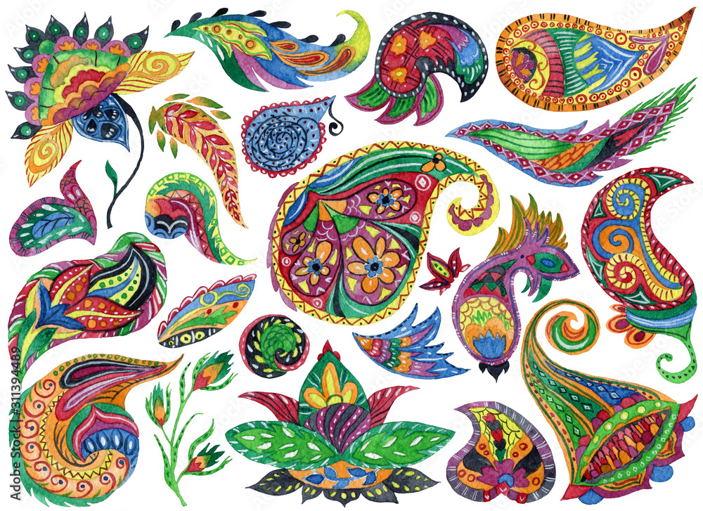 Fototapeta premium Watercolor paisley set. Oriental decorative design elements for fabric, prints, wrapping paper, card, invitation, wallpaper. Hand drawn illustration 