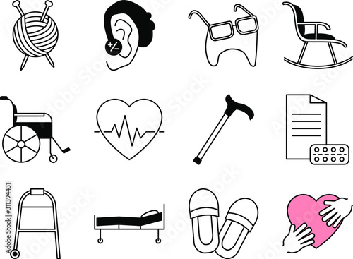 Elderly care in nursing home decorative icons set of wheelchair crutch tonometer medication board games isolated elements flat vector illustration