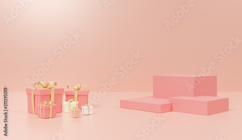 3d abstract minimal geometric forms. Glossy luxury podium for your design. Pastel color scene for show product.Pink Gift box that decorate on podium. Happy new year background
