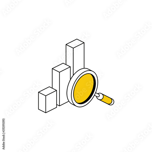 Chart search magnifier. Vector line, 3d stroke isometric, color web icon, new flat style. Creative illustration design, abstract idea for infographics.