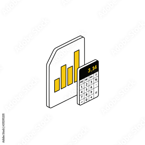 Magnifier Graphics Analytics Calculator. Vector line, 3d stroke isometric, color web icon, new flat style. Creative illustration design, abstract idea for infographics.