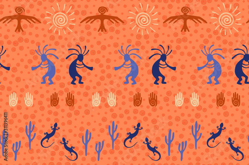 design with trickster god, swirl icons on human palm, sun, eagle.