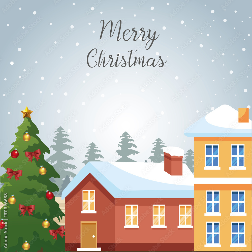Fototapeta premium Merry christmas design with houses and christmas tree with ornaments over snowy background