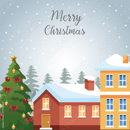 Merry christmas design with houses and christmas tree with ornaments over snowy background