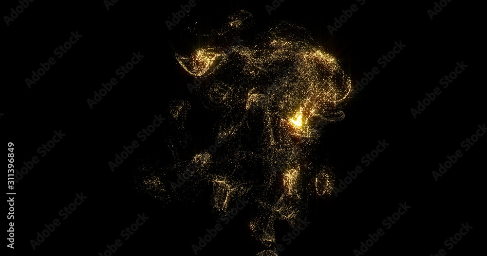 Golden smoke, shining fluid particles light, liquid gold glitter pour on black background. Sparkling gold, glittering shimmer pouring and evaporating, magic glow haze with haze curl swirl effect