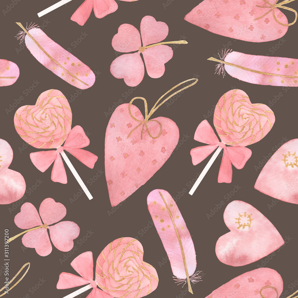 Obraz premium Watercolor seamless pattern with pink elements hearts, lollipops, feathers on a brown background for Valentine's day. Hand drawing for textiles, Wallpaper, wrapping paper, Valentine's day, wedding