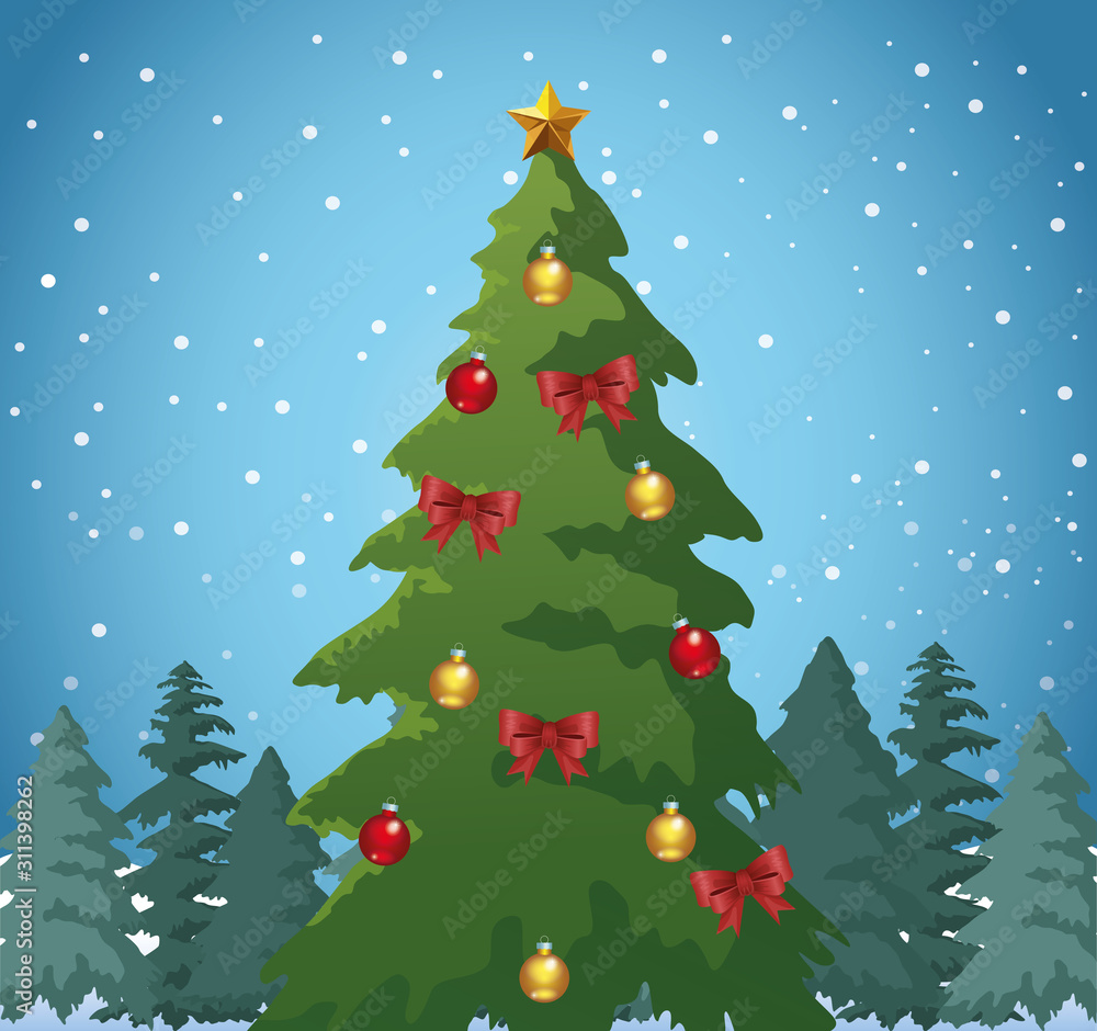 christmas tree with ornaments over blue snowy background